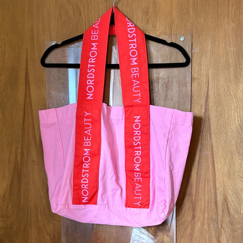 Nordstrom Beauty Pink Canvas Tote with Red Logo Straps